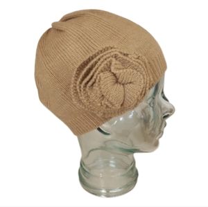 Hat Knit Rosette Tan
